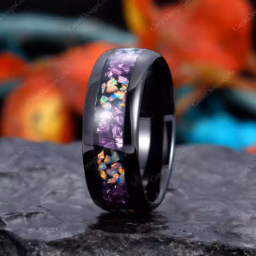 Unique Crushed Alternating Crushed Opal&Amethyst Mens Band, Black Tungsten Ring, 8mm Band, Mens Wedding Band, Anniversary Gift for him