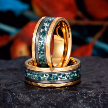 8mm Mens Brushed Gold Band, Hammered Yellow Gold Tungsten Ring, Mens Natural Moss Agate Ring, Mens Ring, Anniversary Gift For Him