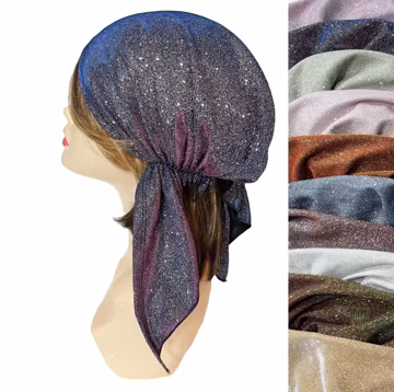Iridescent stretch pre-tied head scarf hair accessories. Shimmering deep starry night sky to dusky twilight. Alopecia. Cancer headscarf.