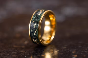 Gold Wedding Band with 24k Gold Flake and Moss Agate Stone, Gold Wedding Ring for Men Women, 4mm 8mm Couples Gold Black Rings, Moss Agate