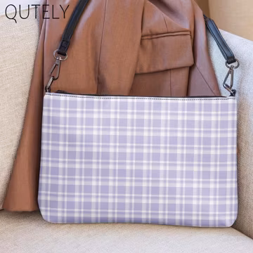Purple Plaid Faux Leather Crossbody Bag, Women's Purse, Adjustable Strap, Makeup Bag, Beauty Case, Cosmetics Zipper Pouch | QUTELY J0537