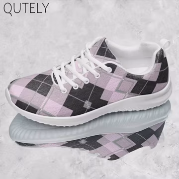 Black, Pink Plaid Women's Sneakers, Breathable Gym Shoes, Sports Shoes, Summer Shoes, Lace Up Shoes, Walking Footwear | QUTELY J0260