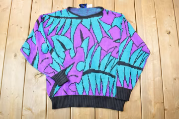 Vintage 1990s Design Funky Neon Leaf Pattern Knit Crewneck Sweater / 90s Crewneck / Made In USA / Preppy Caribbean Knit