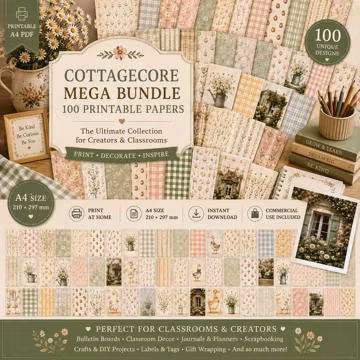 Classroom Printable Paper Bundle | 100 Cottagecore Printable Papers | Bulletin Board Decor | Teacher Resources | A4 PDF | Commercial Use