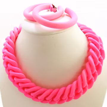 Big Hot Pink Acrylic Chain Necklace and Hoop Clip Earrings, Hot Pink Lucite Chain Choker and Big Hoop Earrings, Pink Plastic Jewelry