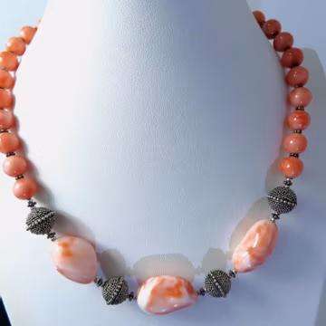 Vintage 925 Sterling Silver Peach Coral Necklace, Natural Stone Beaded Necklace, Beautiful Silver Jewelry Piece, Gift for Her