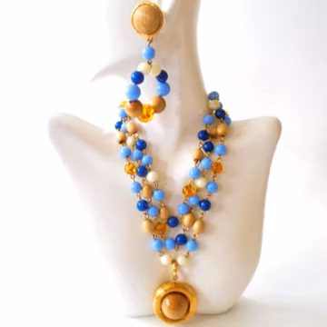 LIZ CLAIBORNE Necklace and Hoop Earrings, 80's Liz Claiborne Blue Jewelry Set, Vintage Blue and Gold Bead Necklace and Hoop Clip Earrings