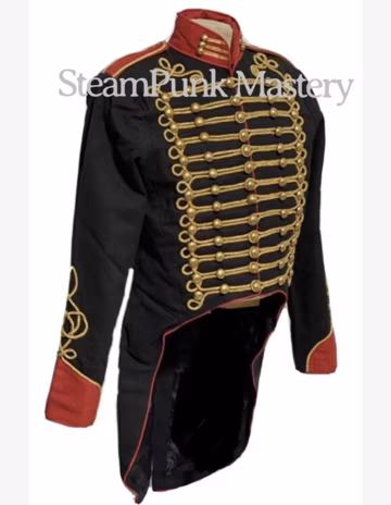 Military Hussar Tailcoat: Men's Ringmaster Jacket, Black & Red, Gold Braiding