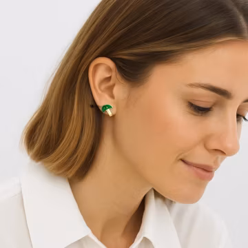 14K Gold Plated Mushroom Stud Earrings, Green Enamel, 925 Silver