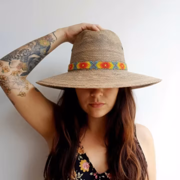 Handmade Mexican Palm Straw Hat with Glass Bead Band Summer Sun Hat