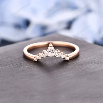 Moissanite Matching Band, Solid Rose Gold Wedding Vintage V Shape Design Tiara Stacking Ring