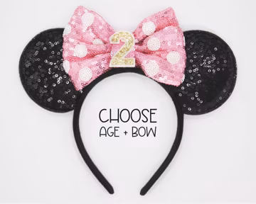 Birthday Mouse Ears Headband | Black Sequin Ears + Choose Bow & Age
