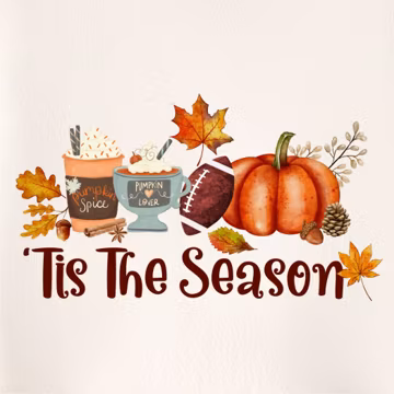 Tis The Season PNG, Pumpkin Spice, Pumpkin Coffee, Football, Thanksgiving, Watercolor, Doodle Pumpkin, Autumn, Leaves, Fall Design 17DF