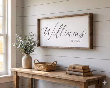 Personalized Family Name Sign | Custom Last Name Established Date | Modern Farmhouse Wall Decor | Wedding Gift for Couple | Large Horizontal
