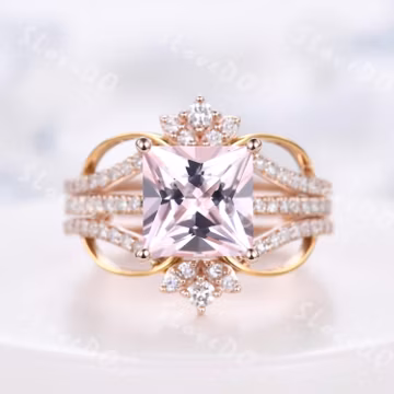 Art Deco Princess Morganite Engagement Ring Set: Diamond Cluster Wedding Band