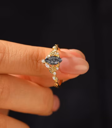 Unique Marquise Black Rutilated Quartz Engagement Ring, Dainty Wedding Ring, Anniversary Gifts