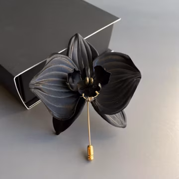 Couture Black Orchid Brooch: Handmade Flower Lapel Pin, Grooms Buttonhole