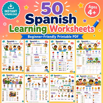 50 Page Spanish Learning Worksheets for Kids Printable | Beginner Spanish Activity Pack | Bilingual Curriculum