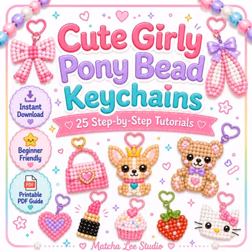 Girly Pony Bead Keychain Tutorials, Pink Bead Pattern Guide, Kids Craft Printable, Backpack Charm How-To