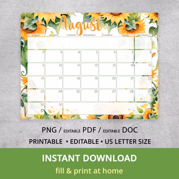 August 2026 Calendar Sunflower Printable, Editable PDF Word Monthly Planner, Floral Summer Schedule, US Letter Size Digital Download