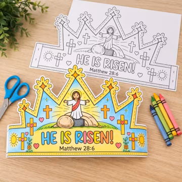 He Is Risen Easter Crown Craft, Kids Christian Coloring Activity (Digital Download)