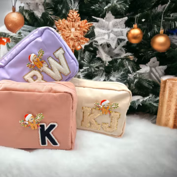 Personalized Make Up Bag with Christmas Brooch, Sloth Christmas Bag, Christmas Gift, Bag with Patches, Gift for Her, Sloth Brooch