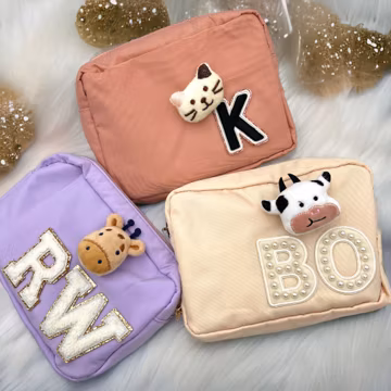 Personalized Bag with Animal Plush Brooch, Gift For Girls, Giraffe Brooch, Cow Brooch, Cat Brooch, Dog Brooch, Christmas Gift, Birthday Gift