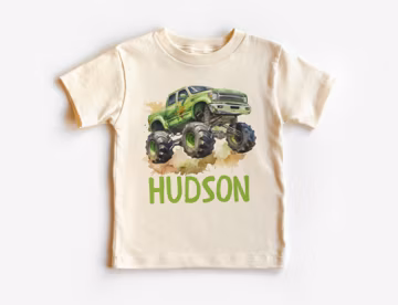 Boys Green Monster Truck Shirt, Custom Personalized Kids Name, Back To School, Boy Birthday Party Gift, Cute Toddler Shirt, Dirt Offroad