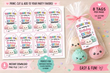 Birthday Dumpling Squishy Party Favor Tags | Printable Thank You Tags | Kids Birthday Favor Tag | 8 Tags Per Page | PNG Instant Download