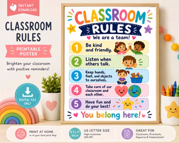 Classroom Rules Poster Printable – Kindergarten and Preschool Classroom Decor | Colorful Classroom Management Sign | Daycare Homeschool