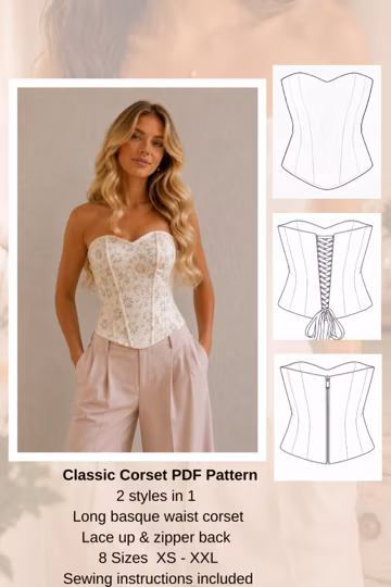 Corset PDF Sewing Pattern | Long Basque Waist Corset | Sweetheart Neckline Lace-Up Back Zipper Back | PDF and ZIP download | 8 Sizes