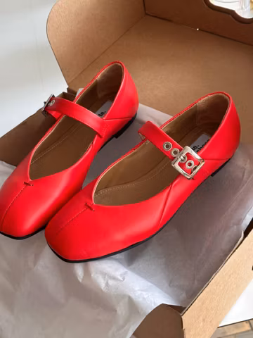 Red Leather Mary Jane Flat Shoes, Ballet Summer Dress Shoes