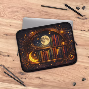 Celestial Bookshelf Laptop Sleeve, Fantasy Book Lover Gift, Dark Academia Aesthetic Case, Moon and Stars Padded Laptop Cover