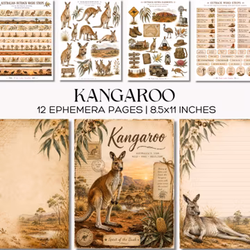 Kangaroo Junk Journal Pages Australian Outback Ephemera Printable Scrapbook Paper Kit Wildlife Collage