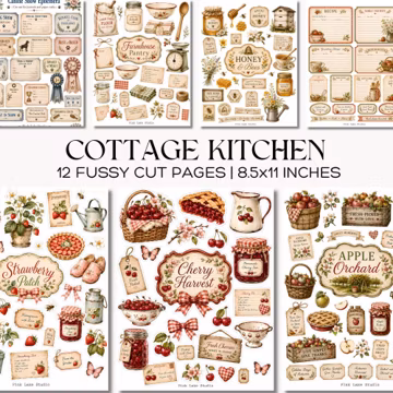 Cottage Kitchen Fussy Cut Pages, Printable Farmhouse Pantry Ephemera, Recipe Journal Scrapbook Kit