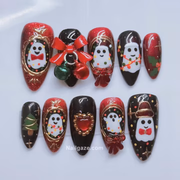Handmade Spooky Christmas Ghost Press On Nails | 3D Bells Bows Holiday Fake Nails | Red Black Custom Gel Nails