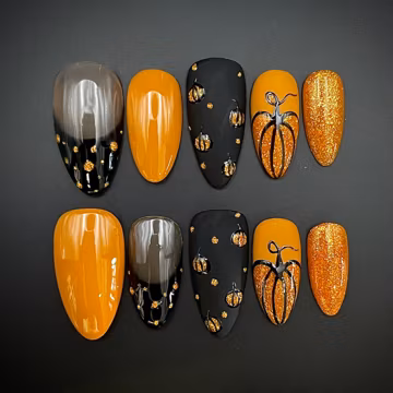 Orange Pumpkin Autumn Fall Themed Press On Nails - Halloween Handmade Reusable Custom Fingernails - Gel Fake Nails - Glue on Nails