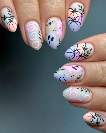 Halloween Cute Boo Ghost Pumpkin Fall Press on Nails - Handmade Pink and Purple Pastel Fake Fingernails