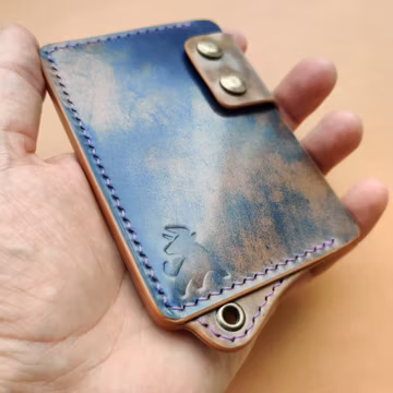 Rocado Shell Cordovan Leather Card Holder: Blue Marbled Mini Wallet with Ring