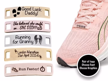 Personalised Marathon Shoe Tags: Engraved Stainless Steel Trainer Tag with Custom Font & Icon Choices