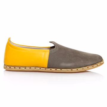 Mens Yellow Color Leather Slip Ons, Turkish Yemeni Shoes, Handmade Loafers, Flat Men Shoes, Gift for Him, Gray Nubucks, Fathers Day Gift