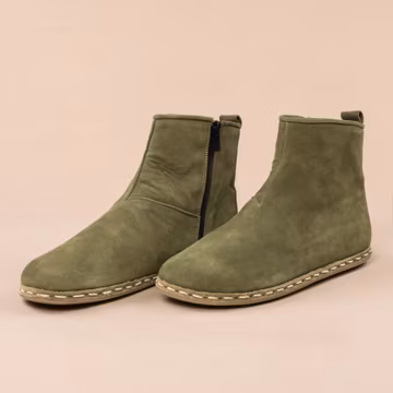 Sustainable Mens Barefoot Ankle Boots with Zipper, Olive Wide Toe Box Boots, Handmade Winter Boots, All Natural Boots, Zero Drop Boots