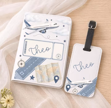 Personalised Passport Holder & Luggage Tag Set, Airplane Passport Cover, Kids Travel Gift, Custom Boy Name Holiday Accessory