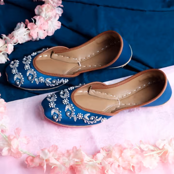 Blue Satin Wedding Shoes: Pearl Flower & Silver Vine Embroidery