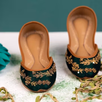 Green Wedding Flats: Gold Embroidered Emerald Bridal Shoes, Comfortable Reception Ballet Khussas