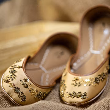 Beige Bridal Flats: Gold Embroidered Satin Wedding Shoes, Comfortable Reception Ballet Khussas