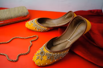 Handmade Bridal Yellow Flats: Pearl Wedding Juttis | Wide Fit Option Available