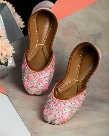 Powder Pink Wedding Shoes: Custom Handmade Embellished Juttis, Khussa, Mojari Slip-Ons, Personalized Bridal Flats