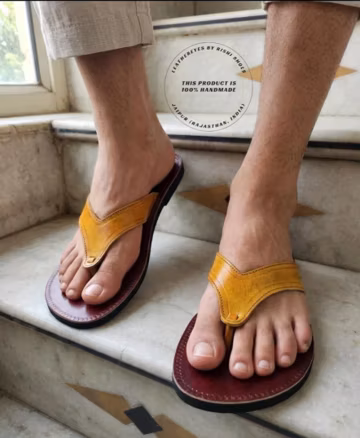 Handmade Moroccan Leather Sandals - Genuine Leather Kolhapuri Chappals - Yellow & Maroon Ethnic Summer Footwear