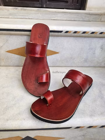 Traditional genuine cherry tan colors leather flat toe ring sandals greeques for women